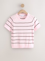 Lichtroze met streep - Short Sleeve Crew Neck Top With Linen - Afbeelding 5 van 7