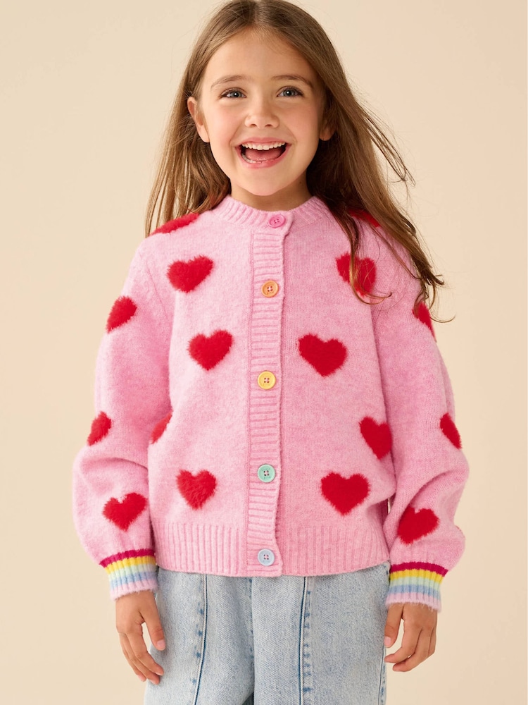 Little Bird by Jools Oliver Pink & Red Fluffy Heart Cardigan - Image 1 of 11 Little Bird by Jools Oliver Pink & Red Fluffy Heart Cardigan - Image 1 of 11