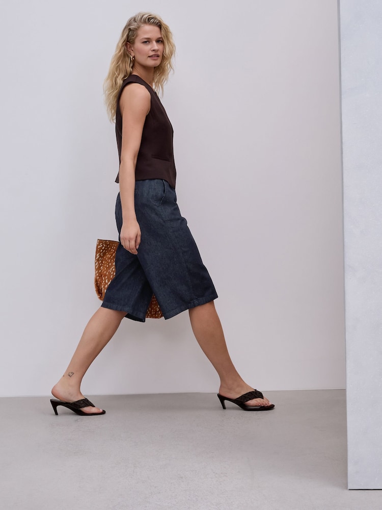 Rinse Blue Pleat Front Denim Jort Shorts - Image 2 of 9 Rinse Blue Pleat Front Denim Jort Shorts - Image 2 of 9