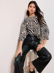 Friends Like These Zebra Print 3/4 Sleeve Shirred Cuff Blouse - Image 1 of 5