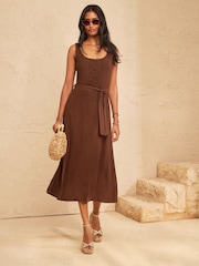 Love & Roses Chocolate Brown Linen Look Scallop Detail Strappy Midi Dress - Image 1 of 4