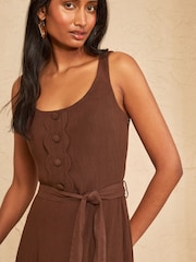 Love & Roses Chocolate Brown Linen Look Scallop Detail Strappy Midi Dress - Image 2 of 4