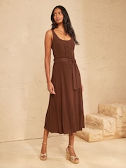 Love & Roses Chocolate Brown Linen Look Scallop Detail Strappy Midi Dress - Image 3 of 4