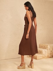 Love & Roses Chocolate Brown Linen Look Scallop Detail Strappy Midi Dress - Image 4 of 4