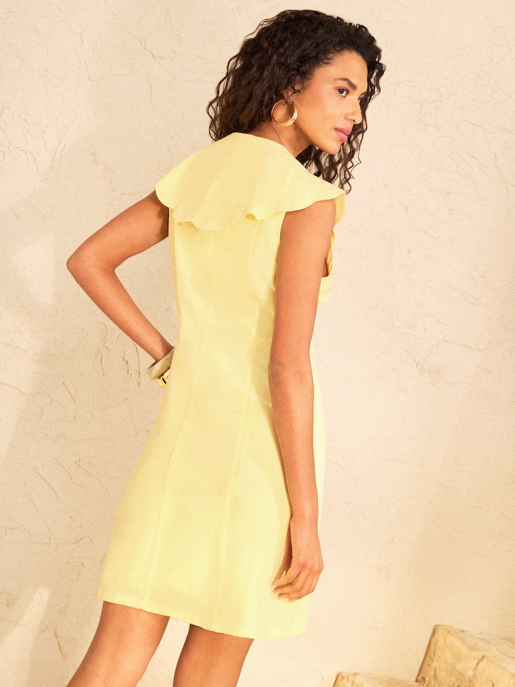 Love & Roses Yellow Linen Look Scallop Collar Mini Dress - Image 2 of 4 Love & Roses Yellow Linen Look Scallop Collar Mini Dress - Image 2 of 4