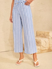 Love & Roses Blue Linen Look Striped Wide Crop Trousers - Image 1 of 4