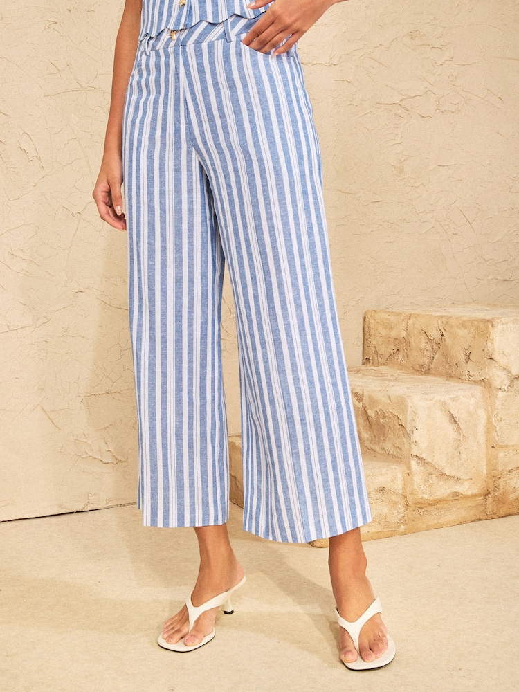 Love & Roses Blue Linen Look Striped Wide Crop Trousers - Image 1 of 4