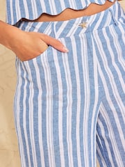 Love & Roses Blue Linen Look Striped Wide Crop Trousers - Image 2 of 4