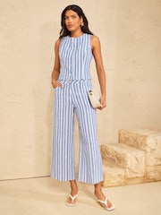 Love & Roses Blue Linen Look Striped Wide Crop Trousers - Image 3 of 4