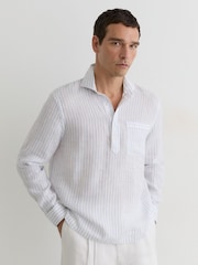 Reiss Airforce Blue/White Stripe Plymouth Linen Pinstripe Half-Button Shirt Regular-Fit - Image 1 of 6