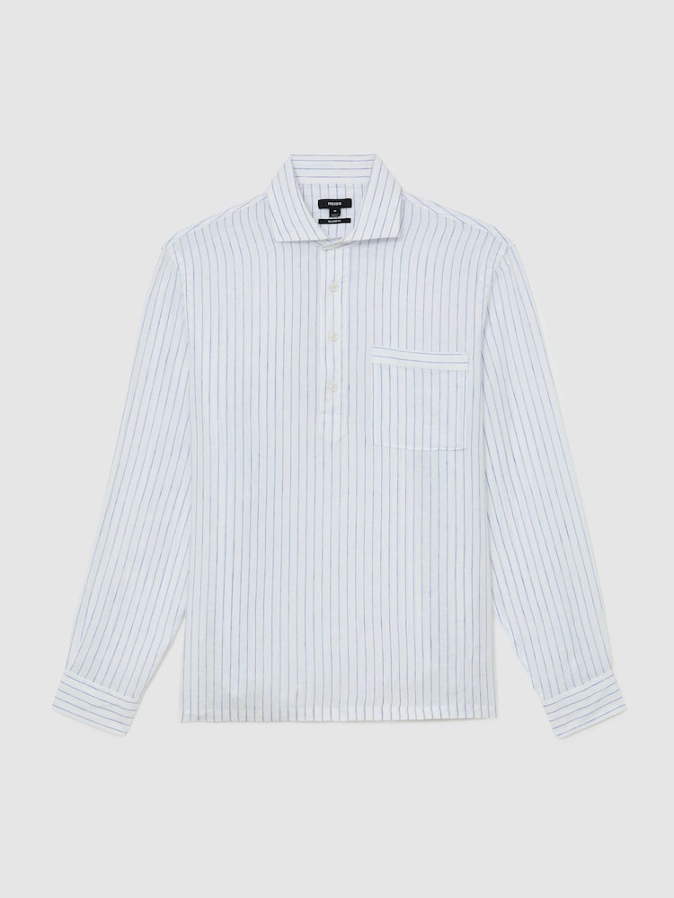 Reiss Airforce Blue/White Stripe Plymouth Linen Pinstripe Half-Button Shirt Regular-Fit - Image 2 of 6