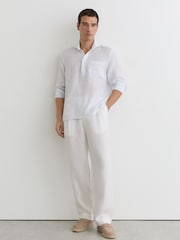 Reiss Airforce Blue/White Stripe Plymouth Linen Pinstripe Half-Button Shirt Regular-Fit - Image 3 of 6