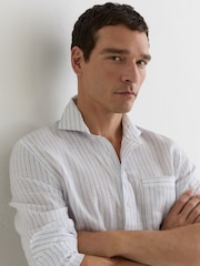 Reiss Airforce Blue/White Stripe Plymouth Linen Pinstripe Half-Button Shirt Regular-Fit - Image 4 of 6