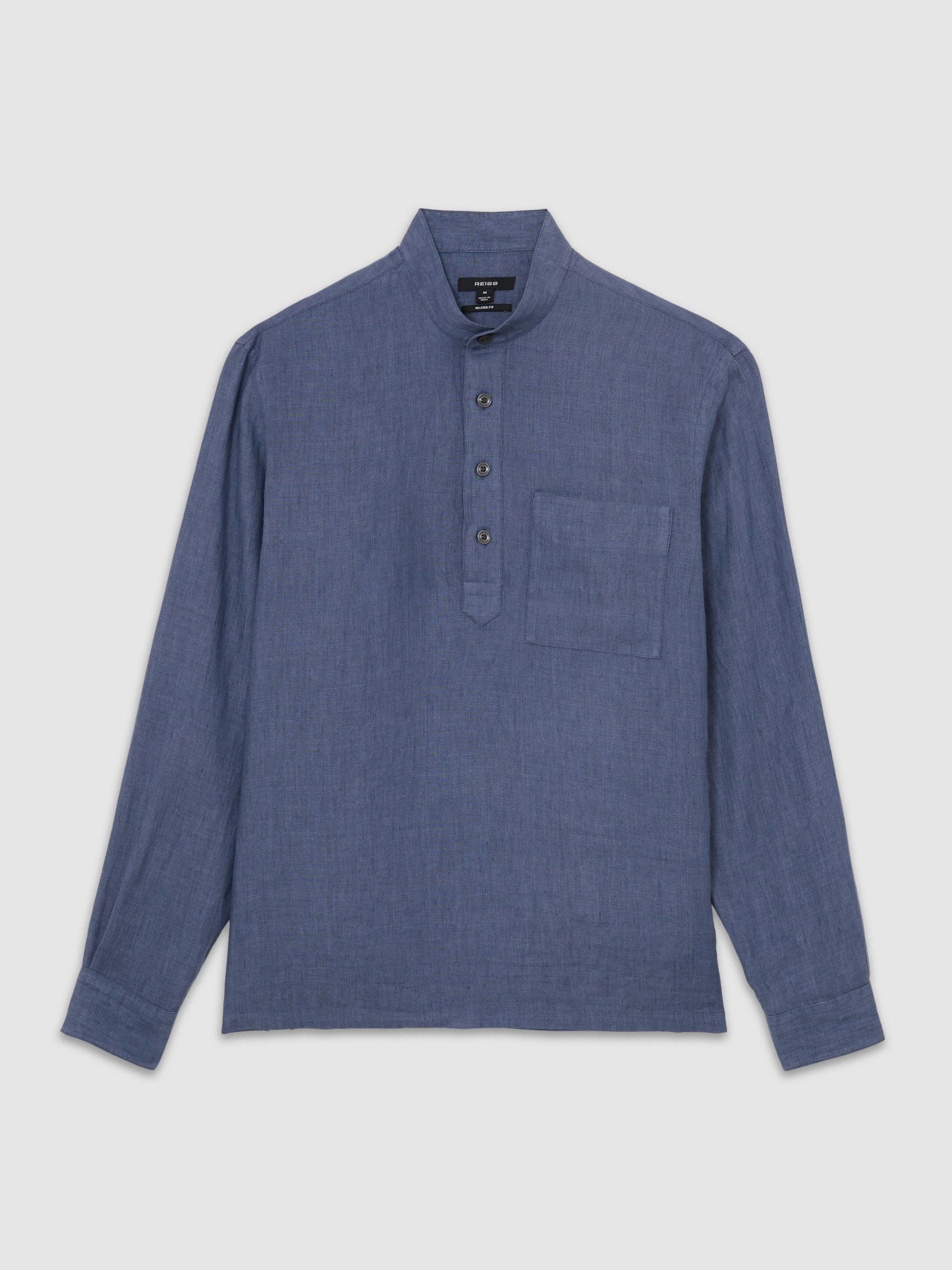 Buy Reiss Denim Blue Trident Linen Grandad-Collar Half-Button