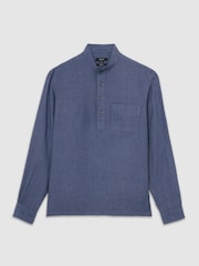 Reiss Denim Blue Trident Linen Grandad-Collar Half-Button Shirt Regular-Fit - Image 2 of 6