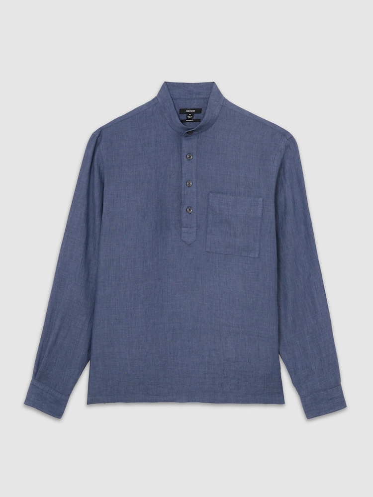 Reiss Denim Blue Trident Linen Grandad-Collar Half-Button Shirt Regular-Fit - Image 2 of 6