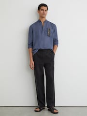 Reiss Denim Blue Trident Linen Grandad-Collar Half-Button Shirt Regular-Fit - Image 3 of 6