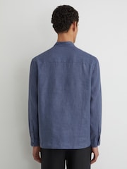 Reiss Denim Blue Trident Linen Grandad-Collar Half-Button Shirt Regular-Fit - Image 5 of 6