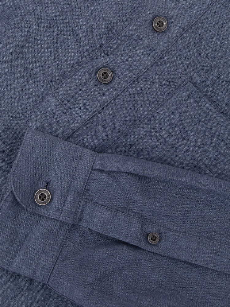 Reiss Denim Blue Trident Linen Grandad-Collar Half-Button Shirt Regular-Fit - Image 6 of 6
