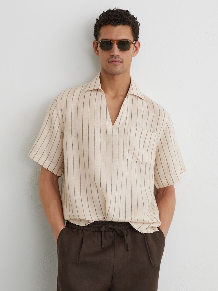 Reiss Oatmeal Brown Quest Linen Pinstripe Open-Collar Shirt - Image 1 of 6