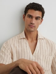 Reiss Oatmeal Brown Quest Linen Pinstripe Open-Collar Shirt - Image 4 of 6