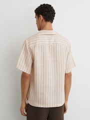 Reiss Oatmeal Brown Quest Linen Pinstripe Open-Collar Shirt - Image 5 of 6