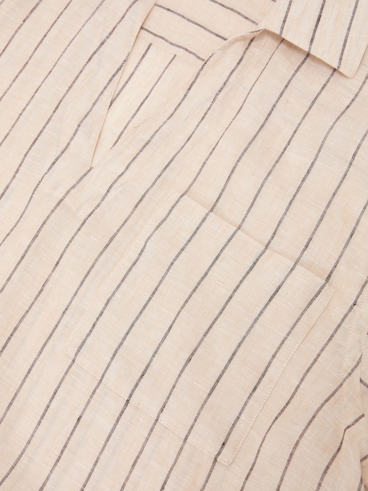 Reiss Oatmeal Brown Quest Linen Pinstripe Open-Collar Shirt - Image 6 of 6