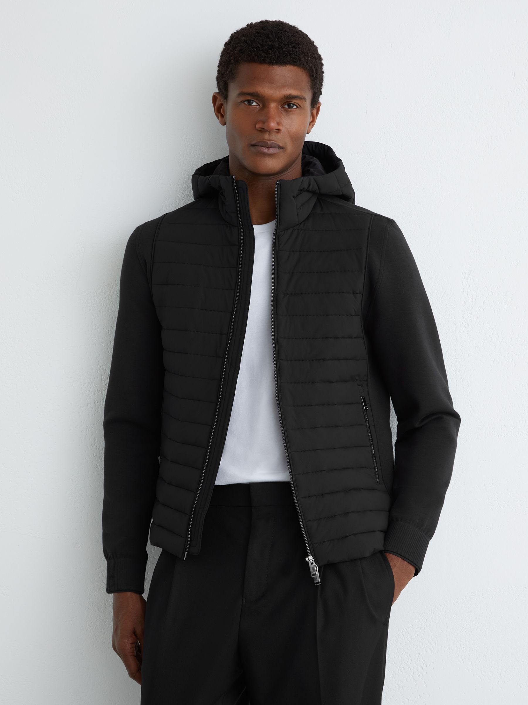 Buy Reiss Black Theron Quilted Hybrid Hooded Zip-Front Jacket from