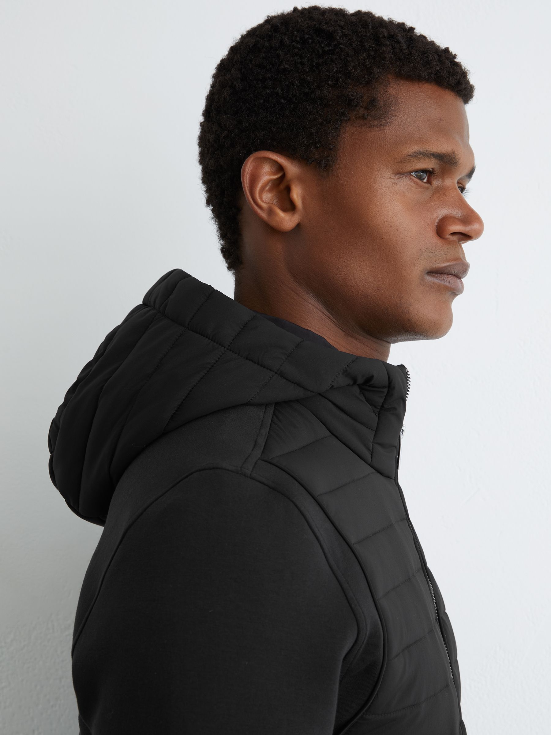 Buy Reiss Black Theron Quilted Hybrid Hooded Zip-Front Jacket from