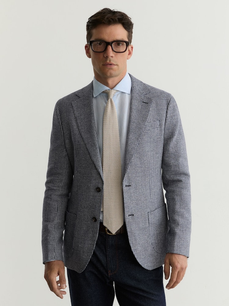 Reiss Navy Piccolino Houndstooth Single-Breasted Blazer Cotton-Blend Tailored-Fit - Image 1 of 7