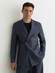 Reiss Navy Adoro Linen Check Double-Breasted Tailored-Fit Blazer - Image 1 of 8
