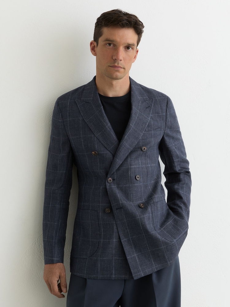 Reiss Navy Adoro Linen Check Double-Breasted Tailored-Fit Blazer - Image 1 of 8