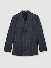Reiss Navy Adoro Linen Check Double-Breasted Tailored-Fit Blazer - Image 2 of 8