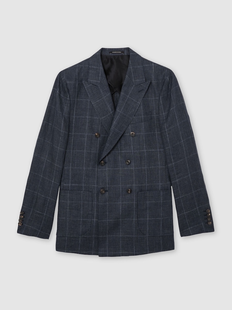 Reiss Navy Adoro Linen Check Double-Breasted Tailored-Fit Blazer - Image 2 of 8