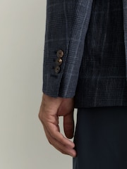 Reiss Navy Adoro Linen Check Double-Breasted Tailored-Fit Blazer - Image 5 of 8