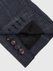 Reiss Navy Adoro Linen Check Double-Breasted Tailored-Fit Blazer - Image 7 of 8