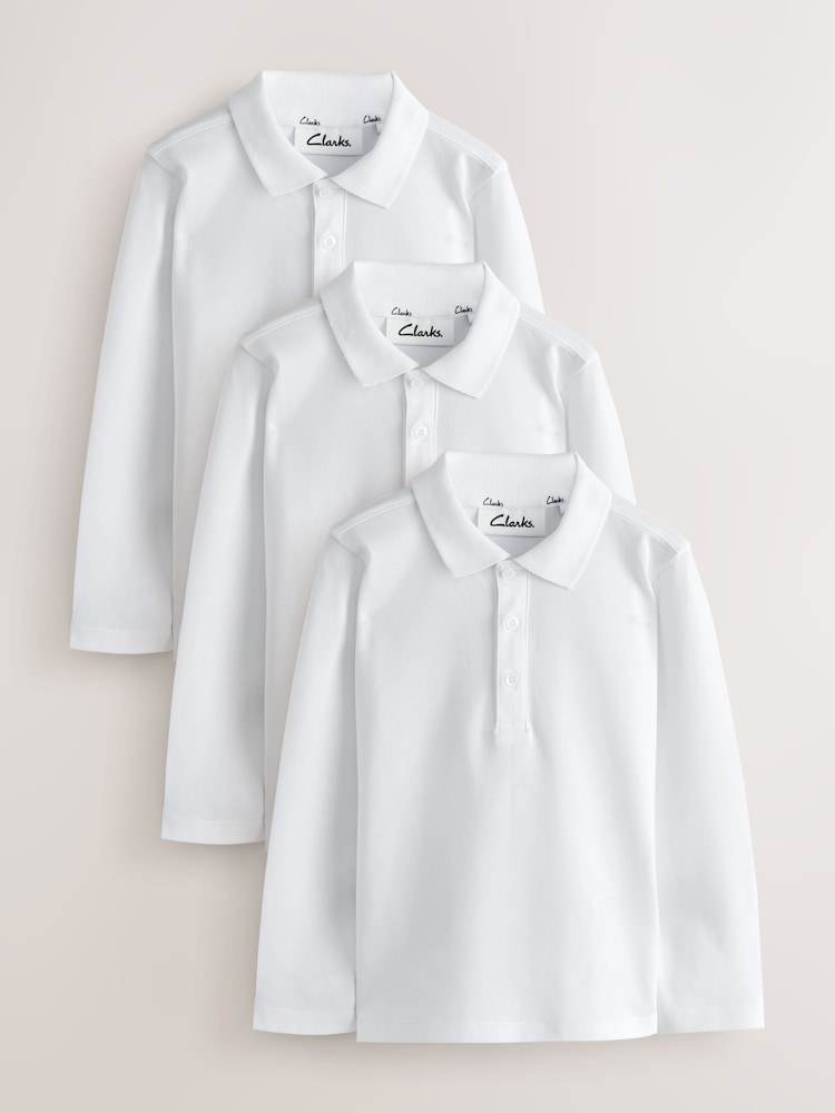Clarks White Long Sleeve School Polo Shirts 3 Pack - Image 1 of 5