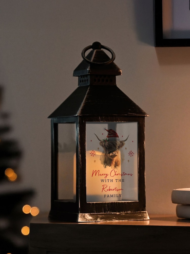 PMC Personalised Highland Cow Christmas LED Lantern - Image 1 of 3 PMC Personalised Highland Cow Christmas LED Lantern - Image 1 of 3