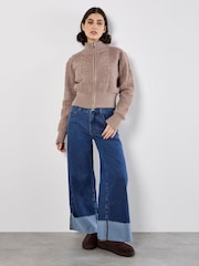 Apricot Brown High Neck 3D Textred Rib Edge Zip Cardigan - Image 2 of 4