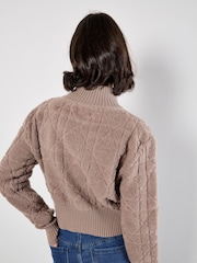 Apricot Brown High Neck 3D Textred Rib Edge Zip Cardigan - Image 3 of 4
