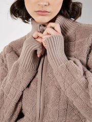 Apricot Brown High Neck 3D Textred Rib Edge Zip Cardigan - Image 4 of 4