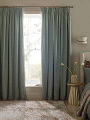 Sage Green Premium Cotton Sateen Blackout Thermal Pencil Pleat Curtains - Image 2 of 5