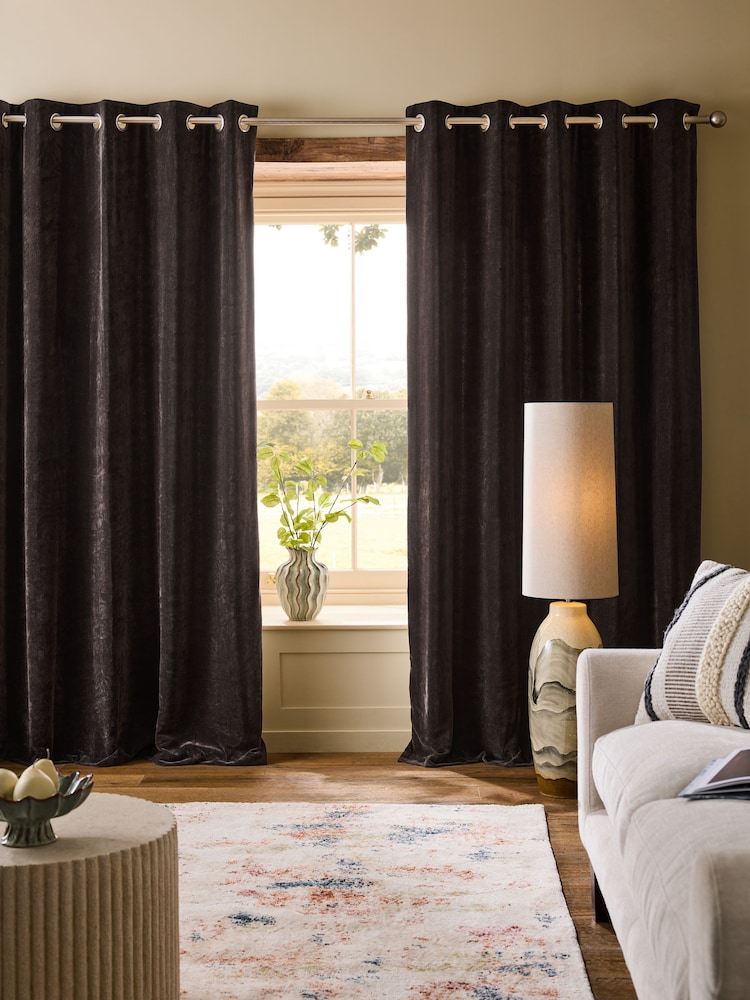 Chocolate Brown Loxley Chenille Eyelet Lined Curtains - Image 2 of 4 Chocolate Brown Loxley Chenille Eyelet Lined Curtains - Image 2 of 4