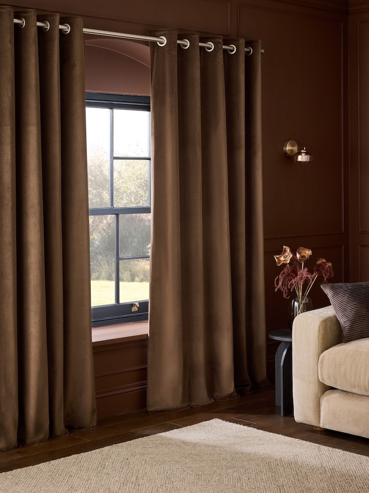 Brown Chocolate Matte Velvet Blackout/Thermal Eyelet Curtains - Image 1 of 5 Brown Chocolate Matte Velvet Blackout/Thermal Eyelet Curtains - Image 1 of 5
