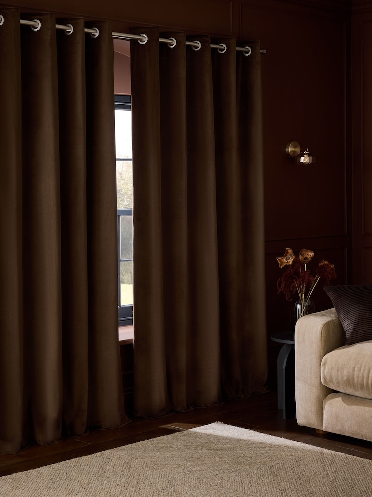 Brown Chocolate Matte Velvet Blackout/Thermal Eyelet Curtains - Image 2 of 5 Brown Chocolate Matte Velvet Blackout/Thermal Eyelet Curtains - Image 2 of 5