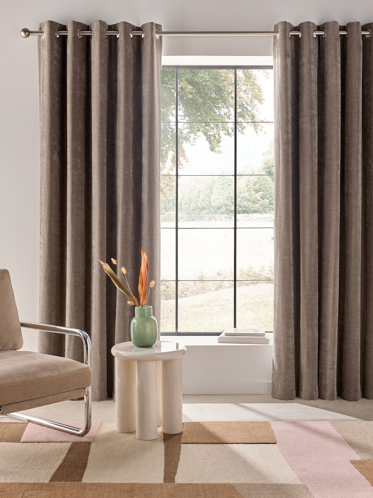 Mink Brown Fine Chenille Blackout/Thermal Eyelet Curtains - Image 1 of 5