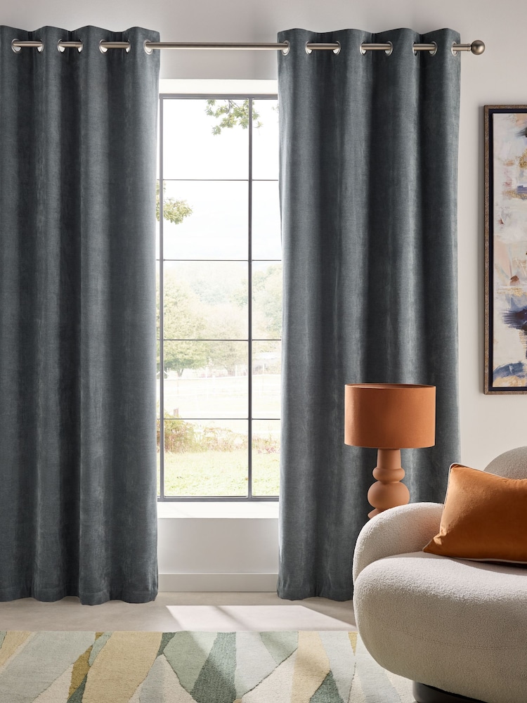 Blue Fine Chenille Blackout/Thermal Eyelet Curtains - Image 1 of 5
