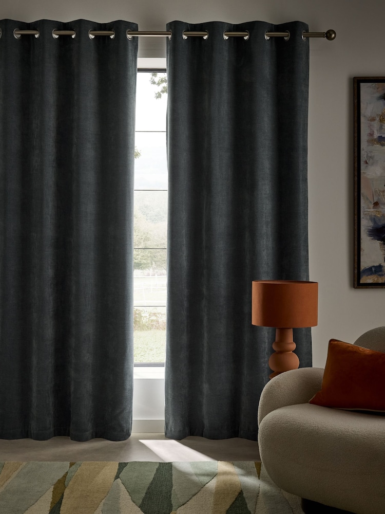 Blue Fine Chenille Blackout/Thermal Eyelet Curtains - Image 2 of 5