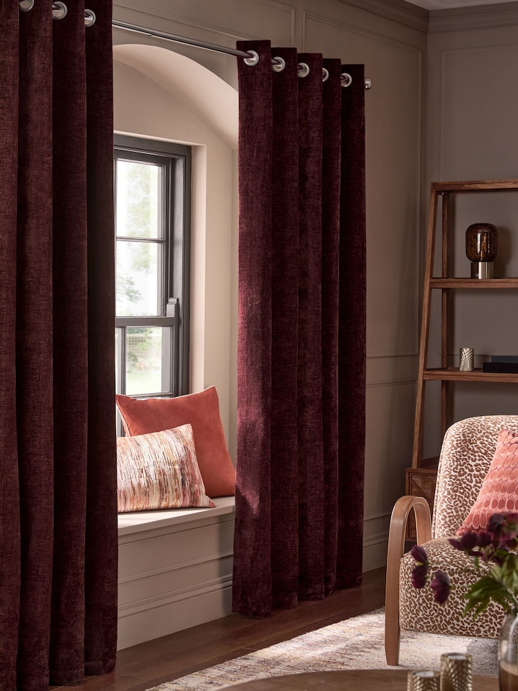 Burgundy Red Blackout/Thermal Plush Chenille Eyelet Curtains - Image 2 of 5 Burgundy Red Blackout/Thermal Plush Chenille Eyelet Curtains - Image 2 of 5