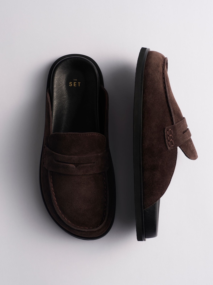 The Set Premium Comfort Suede Backless Footbed Loafers Chocolate Brown - Image 1 of 3